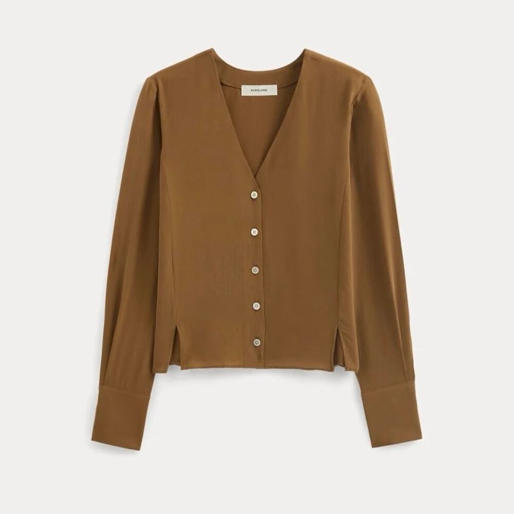 NWT Everlane The V-Neck Blouse In 100% Washable Silk Toffee Brown Size 14